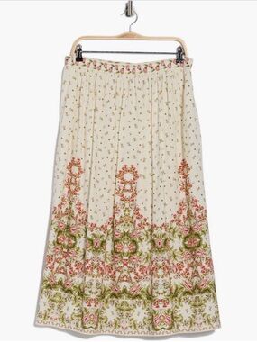 NWT Floral Border Print Linen Blend Maxi Skirt Cottagecore Boho Romantic Garden